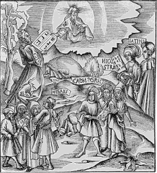 God spreads the languages over the world (wood engraving from the 16th century)